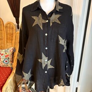 MT Black Linen Swing Button Front Long Top with Gold Stars! By Amani Italian. Md
